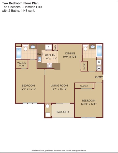 Floor plan for 2 beds, 2 baths, 1150 sqft